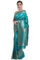 sari turquoise en soie avec tissage