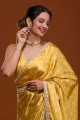 sari jaune satiné en imprimé numérique brodé