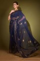 sari bleu en georgette avec imprimé