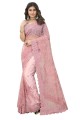 sari de mariage rose poussiéreux en filet brodé avec chemisier