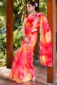 Sari multicolore en organza en paillettes, bordure en dentelle, impression numérique