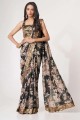 sari noir à paillettes, brodé, organza à impression numérique