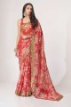 paillettes rouges, brodées, sari en organza à impression numérique