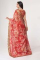 paillettes rouges, brodées, sari en organza à impression numérique