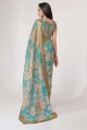 sari bleu ciel à paillettes, brodé, organza à impression numérique