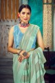 Karva Chauth Saris de satin avec nature en aqua