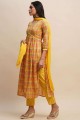 Costume Anarkali imprimé en coton jaune de mer avec dupatta