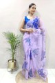 sari violet en organza avec impression numérique