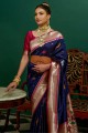 sari de mariage bleu marine en soie avec zari