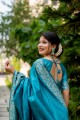 sari firozi en soie grège avec tissage