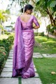 sari en soie grège violette avec tissage