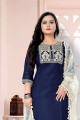 Navy blue Cotton Straight Pant Suit with Embroidered