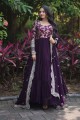 anarkali suit in wine  faux silk with embroidered