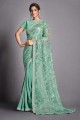 lycra aqua green sari in sequins,embroidered