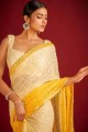 faux georgette jaune sari en paillettes, brodé