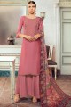 embroidered satin georgette peach palazzo suit with dupatta