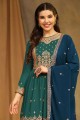 palazzo suit in aqua blue faux georgette with embroidered
