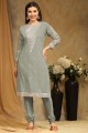 embroidered faux georgette straight pant suit in pista  with dupatta