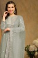 embroidered faux georgette straight pant suit in pista  with dupatta