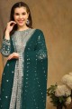 faux georgette rama green straight pant suit in embroidered