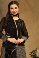 faux georgette black straight suit in embroidered