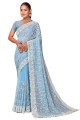 georgette sari in sky blue  with embroidered