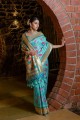 zari sari in teal  banarasi raw silk