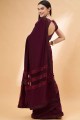 lycra maroon sari in stone,sequins,embroidered