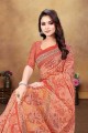 sari in orange chanderi with digital print