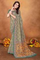 turquoise  chanderi sari with digital print