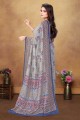 sari in navy blue  chanderi with digital print