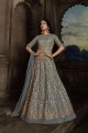 embroidered net grey anarkali suit with dupatta