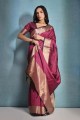 Sari en soie brute Rani Pink Banarasi avec imprimé