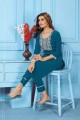 cotton teal blue straight pant suit in printed