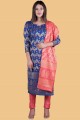 bleu Salwar Kameez en coton avec tissage