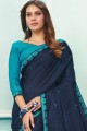 fil, saris brodé en soie tussar bleu marine