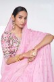 sari en organza rose avec zari,fil