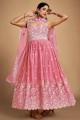 Costume pakistanais Georgette en rose bébé avec fil