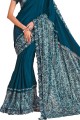 sari brodé à imprimé numérique en soie bleu sarcelle