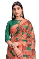sari en soie tussar orange avec broderies, imprimés