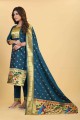 salwar kameez bleu sarcelle en soie avec imprimé