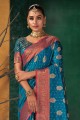 tissage d'un sari du sud de l'Inde en soie bleu sarcelle