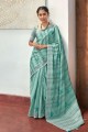 sari en lin brodé vert turquoise
