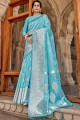 sari en lin avec tissage bleu ciel