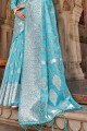 sari en lin avec tissage bleu ciel