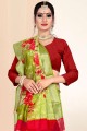 saris vert clair en zari, imprimé, bordure en dentelle en lin
