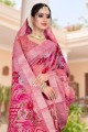 zari, imprimé, bordure en dentelle sari rose foncé avec chemisier