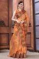 sari en soie pêche avec tissage