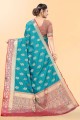 sari bleu turquoise avec tissage de soie