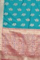 sari bleu turquoise avec tissage de soie